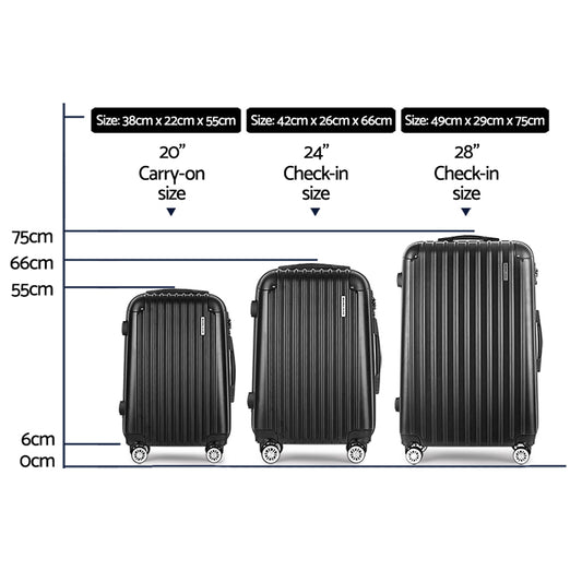 Wanderlite Luggage Set 3pc 20 24" 28" Suitcase Hardcase Trolley Travel Black"