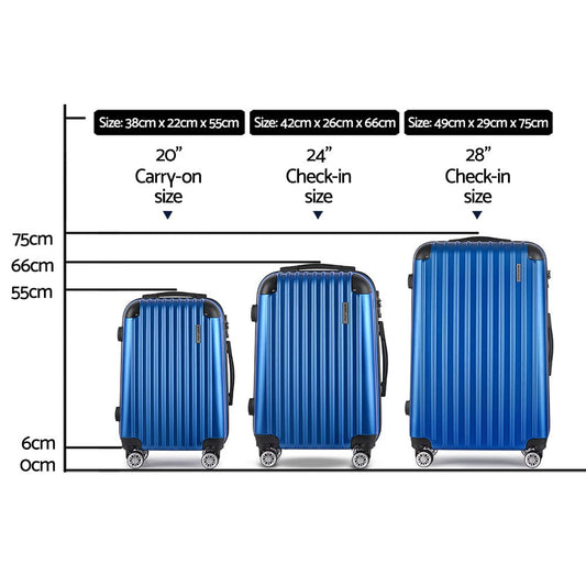 Wanderlite Luggage Set 3pc 20 24" 28" Suitcase Hardcase Trolley Travel Blue"