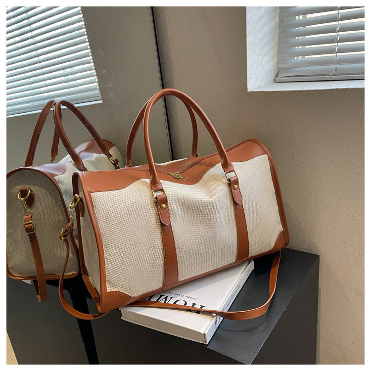 Brown Contrast Color Travel Bag - Canvas & PU Leather Trim Luggage (43x27x19cm)