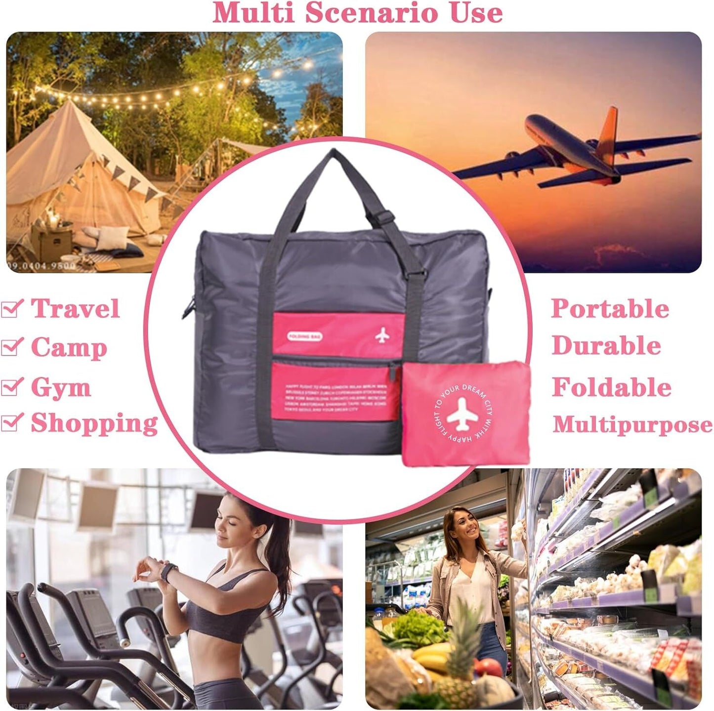 Compact Foldable Travel Duffel Bag – Lightweight Carry-On for Weekend Trips, Overnight & Gym Use (Pink) | Other Colors Available In-Store