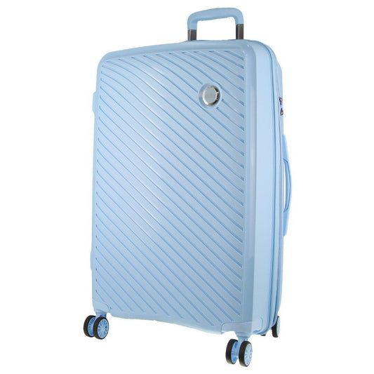 Pierre Cardin luggage bag in blue with hard shell design and multidirectional spinner wheels.