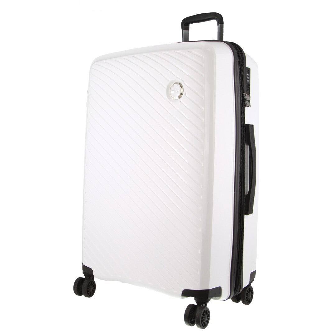 Pierre Cardin Inspired Milleni Checked Luggage Bag 75cm, white suitcase with TSA lock and 360° spinner wheels.