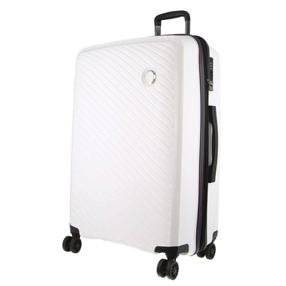 Pierre Cardin Inspired Milleni Checked Luggage Bag 75cm, white suitcase with TSA lock and 360° spinner wheels.