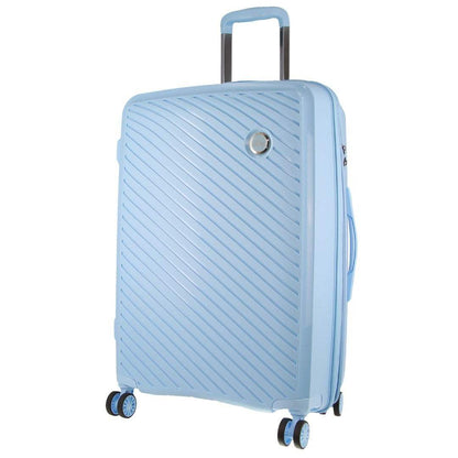 Blue Pierre Cardin inspired Milleni checked luggage bag with 360° spinner wheels and TSA lock, 65cm size, 82.5L capacity.