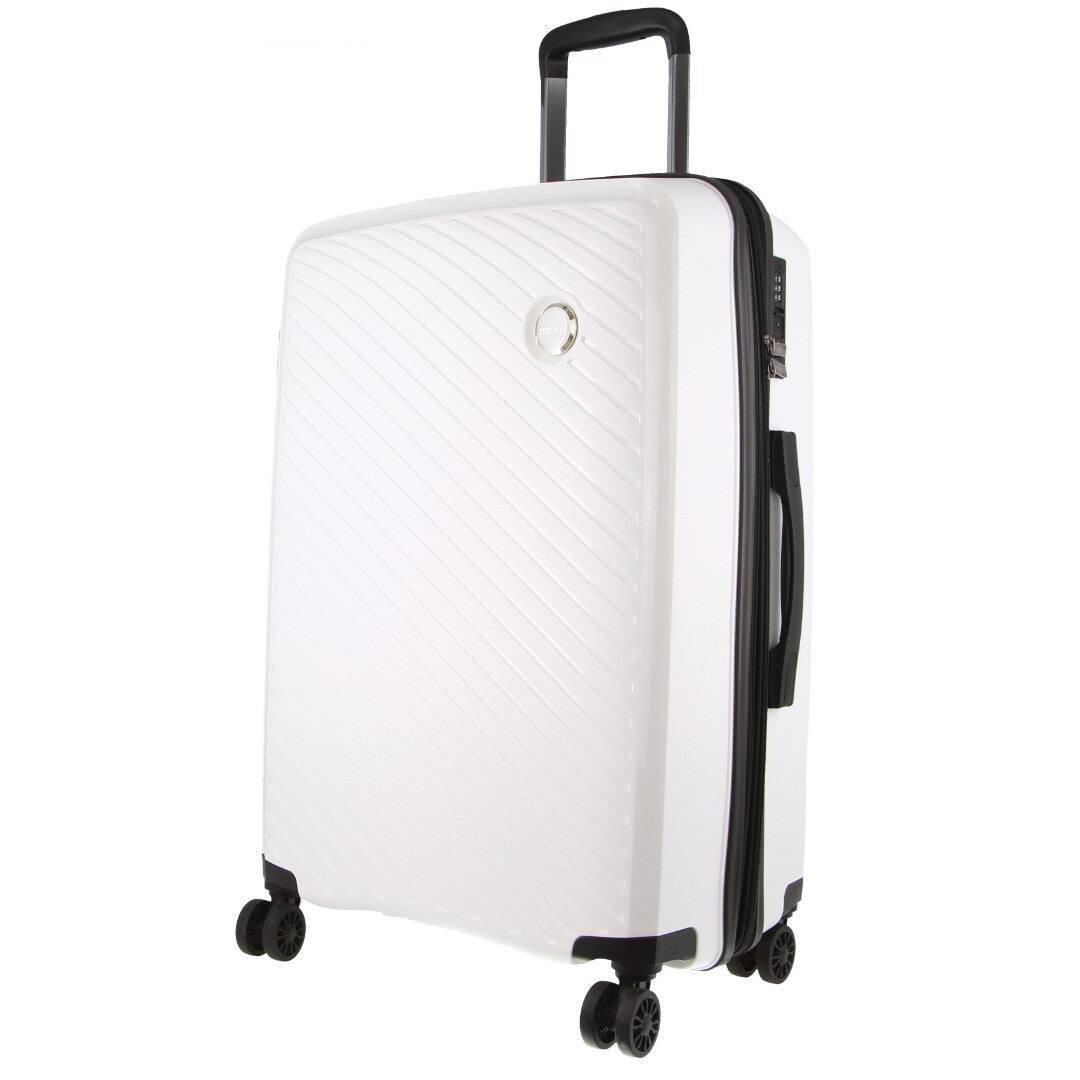 Pierre Cardin Inspired white luggage bag with spinner wheels and TSA lock.