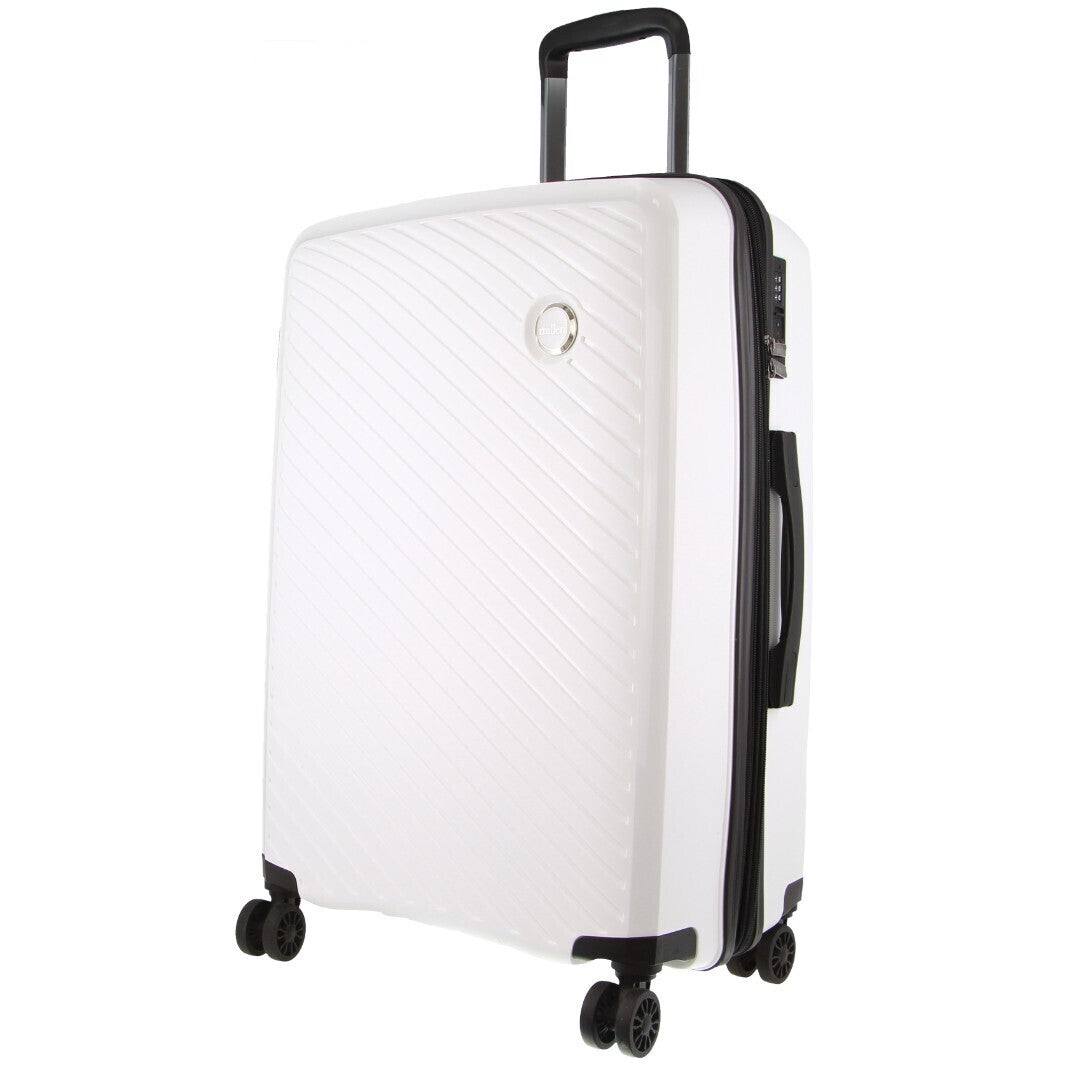 Monaco Checked Luggage Bag 65cm in white with spinner wheels and TSA lock.