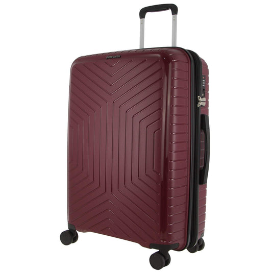 Pierre Cardin 76cm large burgundy hard-shell suitcase with TSA lock and spinner wheels.