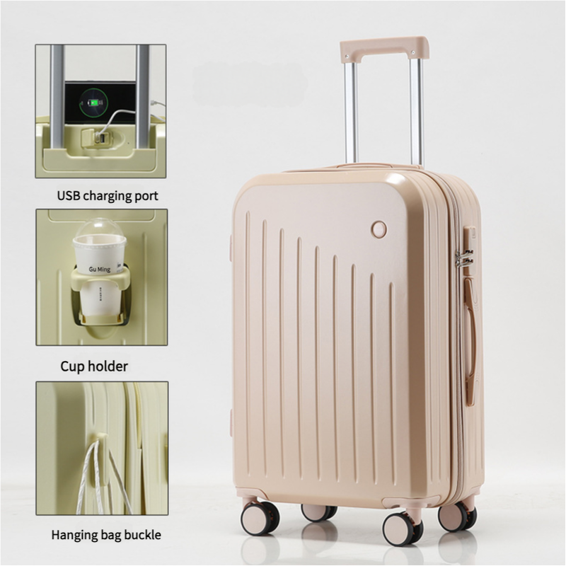 Smart Carry On Luggage with Cup Holder & USB Charging Port - Pink Color Spinner Suitcase for Travel Convenience  24 inch