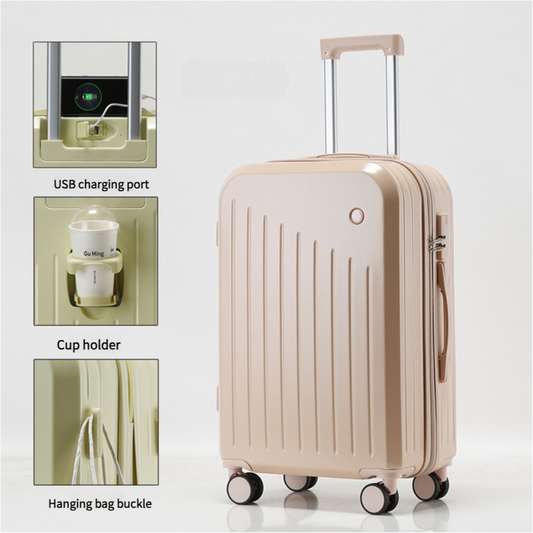 Smart Carry On Luggage with Cup Holder & USB Charging Port - Pink Color Spinner Suitcase for Travel Convenience  24 inch