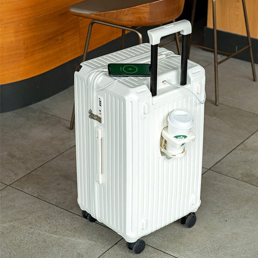 Smart Hard-Shell Luggage with USB Charging Port & Cup Holder - 20Spinner Suitcase in White"