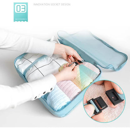 Off White 8-Piece Travel Organizer Set - Packing Bags for Clothes, Shoes, Underwear, and Toiletries with Drawstring and Zip Pouches