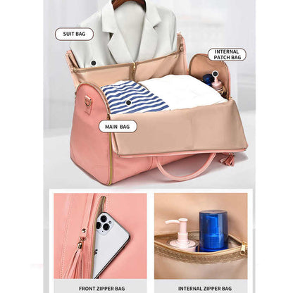 Pink  PU Leather Foldable Garment Bag, Women's Travel Duffel with Suit Carrier, Multi-Function Storage