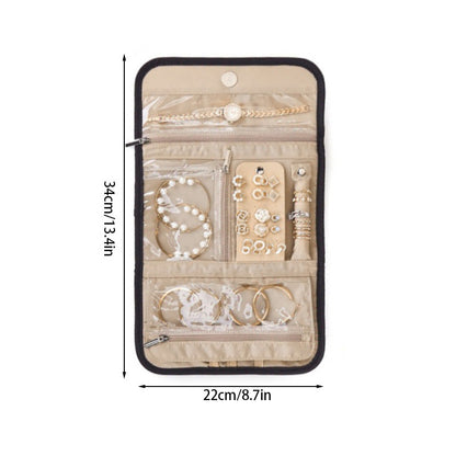 Black Travel Jewelry Organizer - Compact Roll-Up Storage Bag with Multiple Compartments