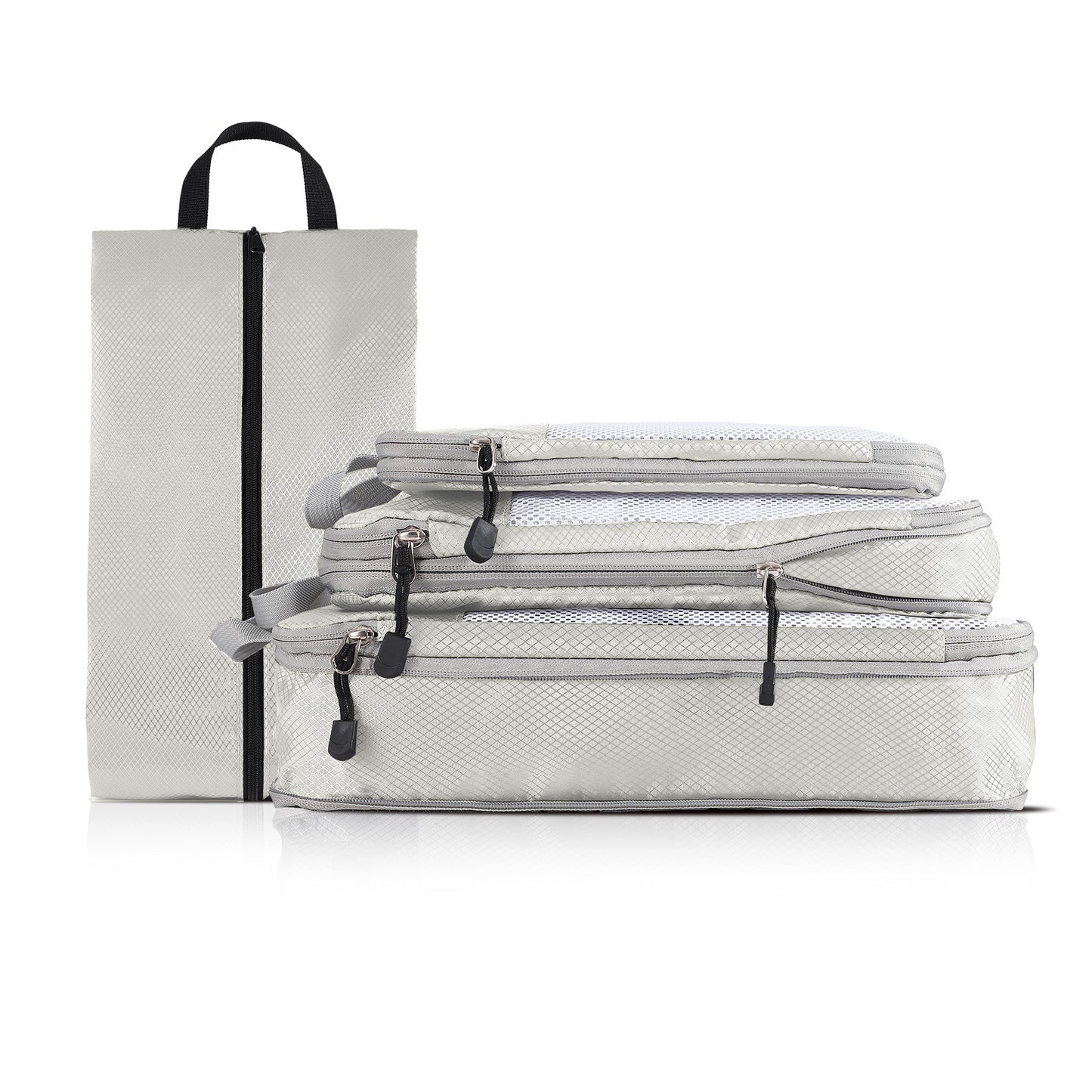 4-piece Set Off White Compression Travel Storage Bags Set, Mesh Travel Organizers for Luggage, Foldable and Space-Saving Packing Cubes