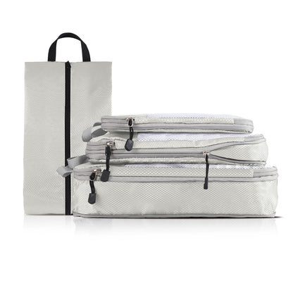 4-piece Set Off White Compression Travel Storage Bags Set, Mesh Travel Organizers for Luggage, Foldable and Space-Saving Packing Cubes