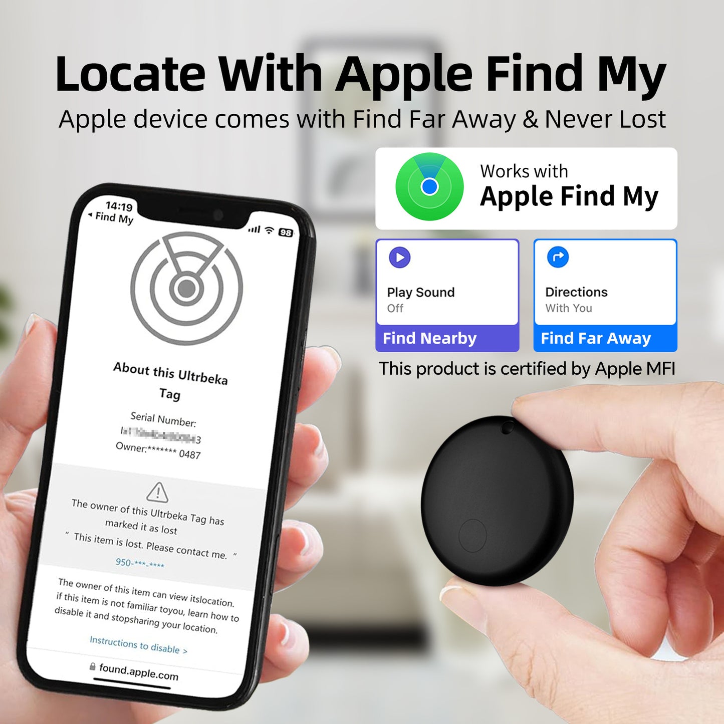 (Square Black) Mini GPS Tracker - Apple Find My Enabled, Key Finder, Wallet Locator, Anti-Theft Tag