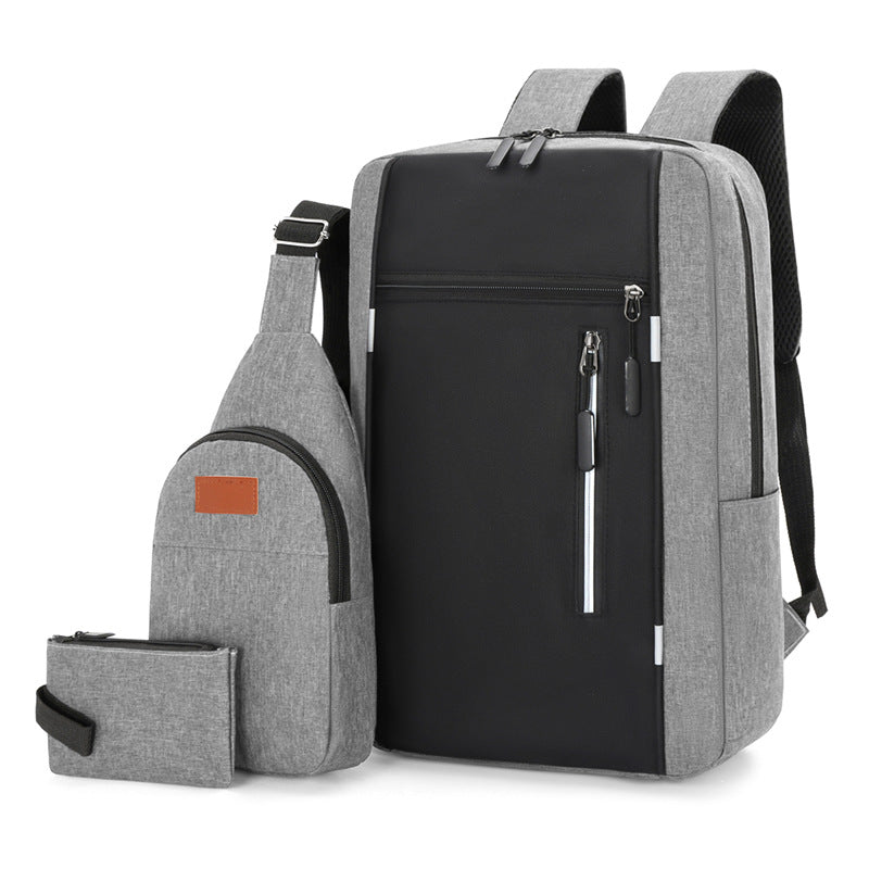 Grey 3 Piece Mens Backpack Set with Sling Bag and Pouch USB Charging Port Large Capacity Laptop Daypack Water Resistant Business Travel School Bag