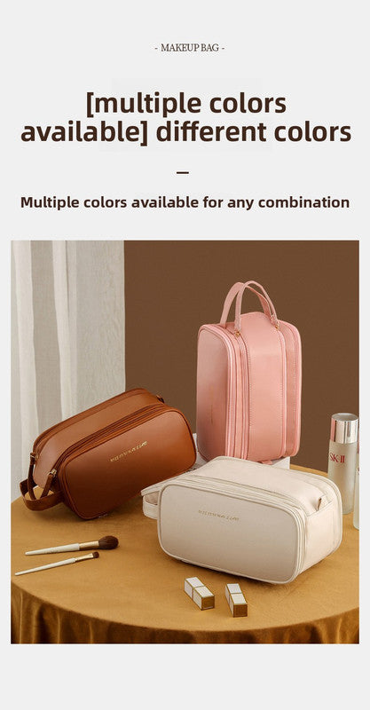 Black Large Capacity PU Leather Makeup Bag Dual Zipper Cosmetic Case Waterproof Travel Toiletry Organiser with Brush Compartment