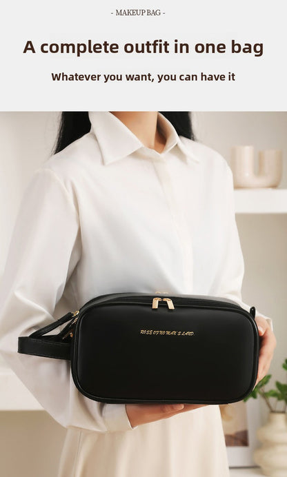 Black Large Capacity PU Leather Makeup Bag Dual Zipper Cosmetic Case Waterproof Travel Toiletry Organiser with Brush Compartment