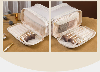 White Large Capacity PU Leather Makeup Bag Dual Zipper Cosmetic Case Waterproof Travel Toiletry Organiser with Brush Compartment