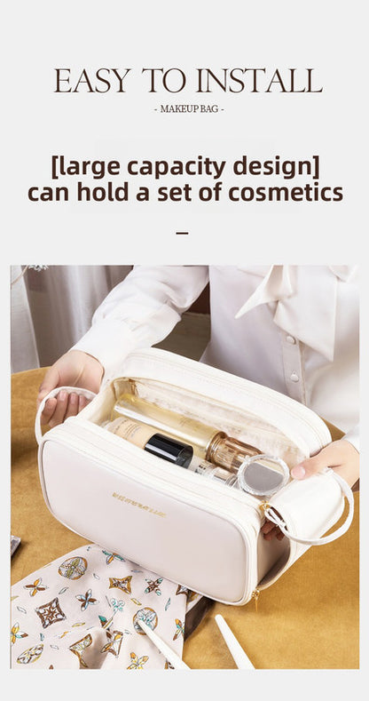 Brown Large Capacity PU Leather Makeup Bag Dual Zipper Cosmetic Case Waterproof Travel Toiletry Organiser with Brush Compartment
