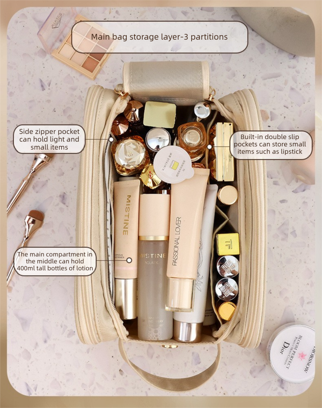 Large Pink PU Leather Makeup Bag Dual Zipper Cosmetic Travel Case Waterproof Toiletry Organiser with Brush Compartment