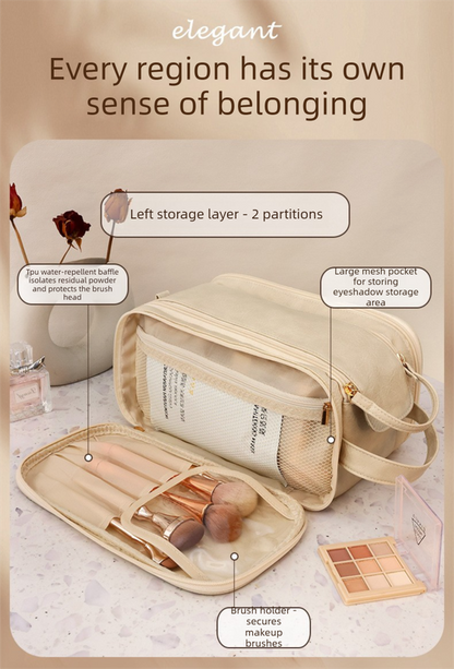 Large Pink PU Leather Makeup Bag Dual Zipper Cosmetic Travel Case Waterproof Toiletry Organiser with Brush Compartment