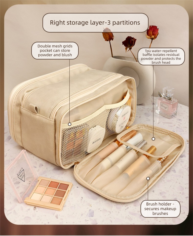 Large Pink PU Leather Makeup Bag Dual Zipper Cosmetic Travel Case Waterproof Toiletry Organiser with Brush Compartment