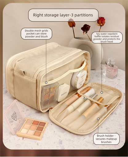 Large Pink PU Leather Makeup Bag Dual Zipper Cosmetic Travel Case Waterproof Toiletry Organiser with Brush Compartment