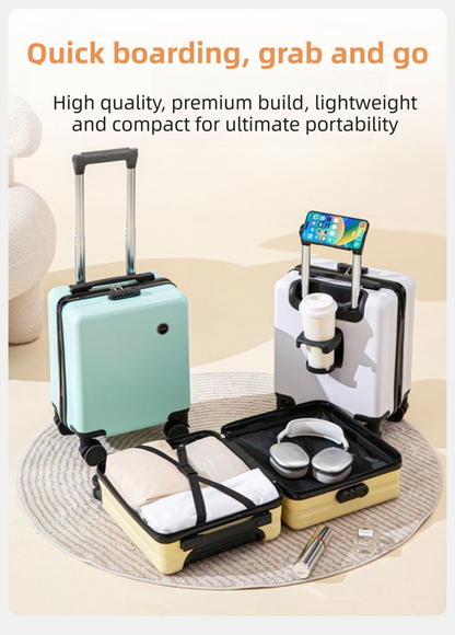 Yellow 14 Inch Lightweight Carry-on Luggage for heights under 1.6m - Underseat & Overhead Cabin Hardside Suitcase with Cup Holder & Phone Stand