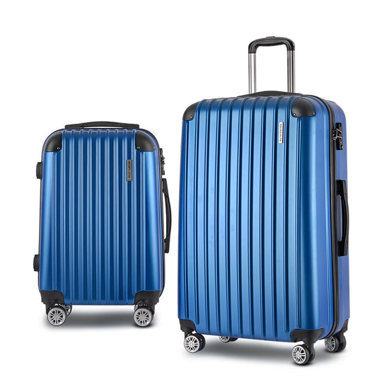 Blue Wanderlite 2-piece luggage set with durable hard shell, featuring smooth dual wheels and TSA-approved locks. Suitable for travel.